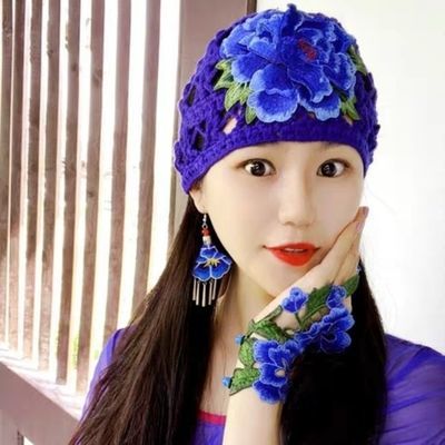 中国民族风立体花朵镂空刺绣帽子女薄款镂空透气针织帽织搭包头帽