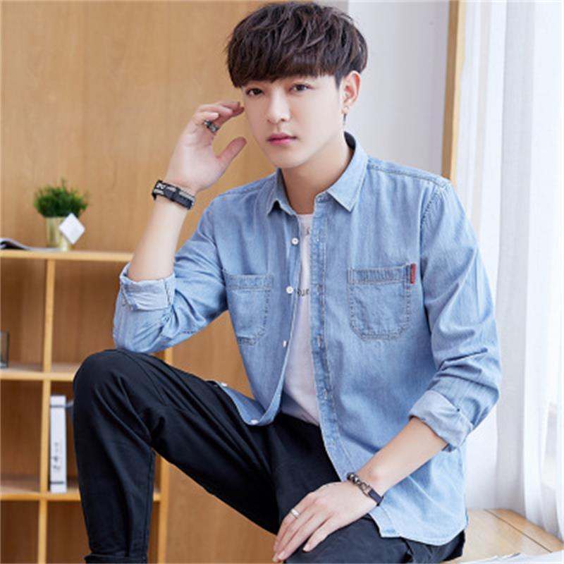 Cotton new denim men's shirt Korean handsome student loose coat Hong Kong style casual youth trend shirt