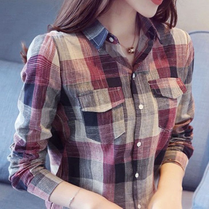 Pure cotton retro women's long-sleeved plaid shirt female new female student Korean version loose shirt slim casual top