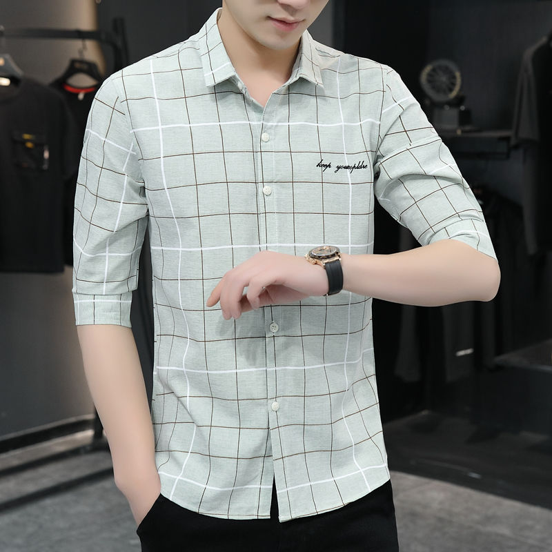 2023 Spring Five-quarter Sleeve Shirt Men's Korean Style Trendy Handsome Shirt Net Red Men's Three-quarter Sleeve Inch Shirt Middle Sleeve