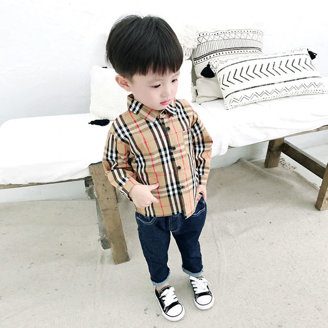 Boys' long sleeve shirt children's shirt spring and autumn new foreign style baby Plaid Shirt Korean children's wear