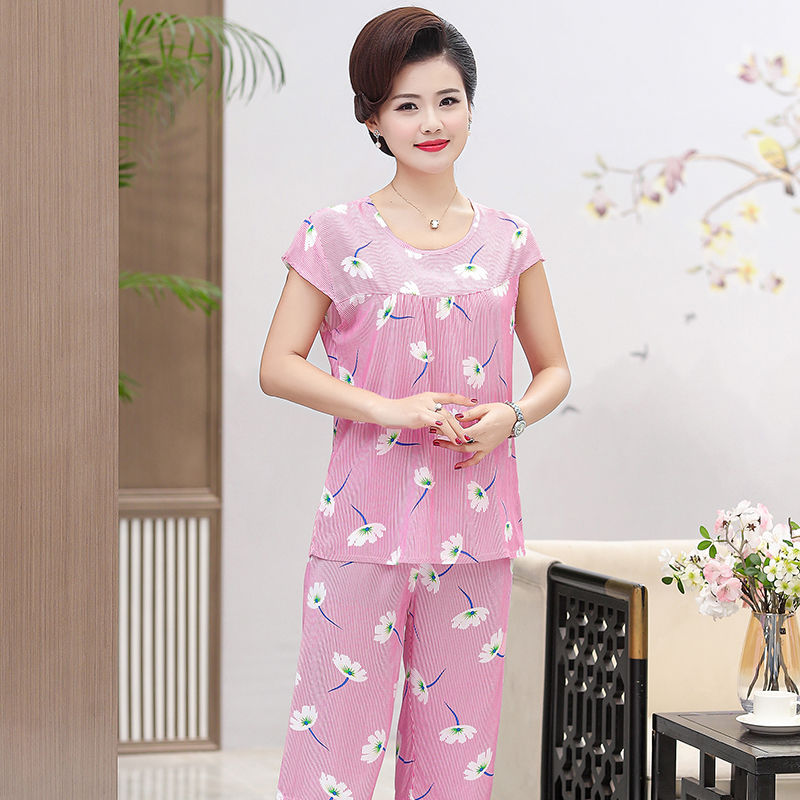 Middle-aged women's summer pajamas women's mother's cotton silk suit summer short-sleeved home service artificial cotton casual plus