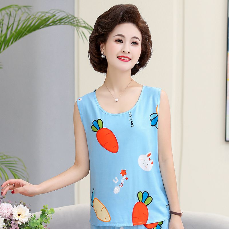 Mom's summer dress cotton silk sleeveless shorts two-piece set middle-aged and elderly women's summer comfortable artificial cotton pajamas