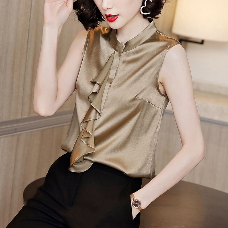 Satin short sleeve top women's design sleeveless shirt versatile slim Lace Satin White cardigan shirt summer