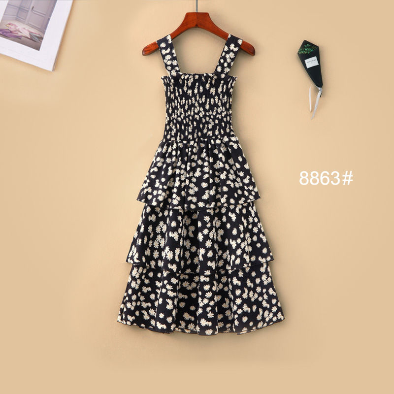 Dress girl 2020 new small daisy floral skirt suspender skirt Chiffon fairy skirt waist show thin temperament long skirt