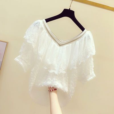 29028/2021夏季新款荷叶边拼接V领薄款雪纺衫女设计感洋气甜美显瘦上衣