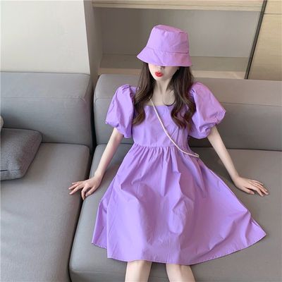 34383/【送渔夫帽】2020新款女学生韩版宽松网红紫色赫本风泡泡袖连衣裙