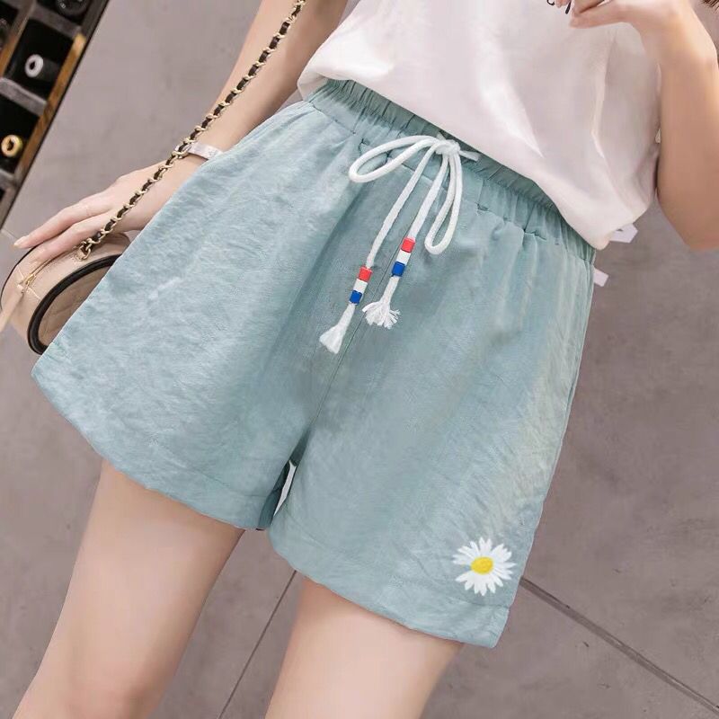 Small daisy cotton hemp sports shorts women's loose summer thin slim High Waist Wide Leg Pants wear versatile casual pants