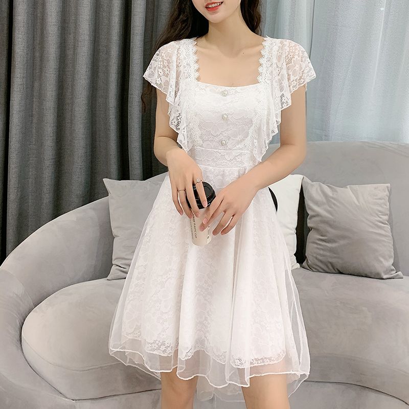 日系甜美蕾丝连衣裙女2022夏装新款女装超仙甜美显瘦方领燕尾短裙