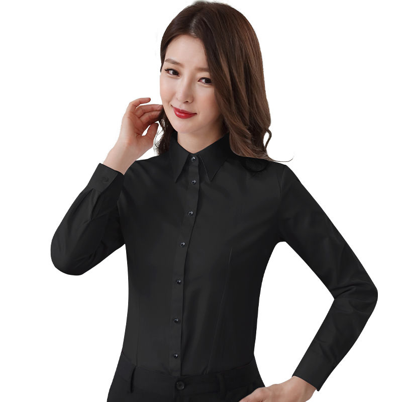 黑色衬衫女长袖V领上衣职业女装修身工装工作服正装面试上班衬衣