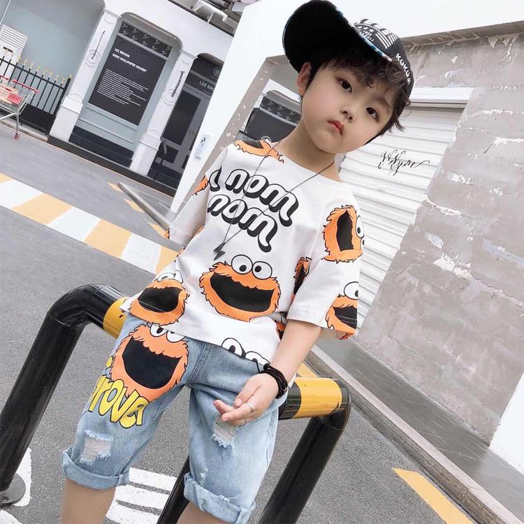 Boys' summer suit 2020 new foreign style children's Korean summer children's short sleeve denim two piece set