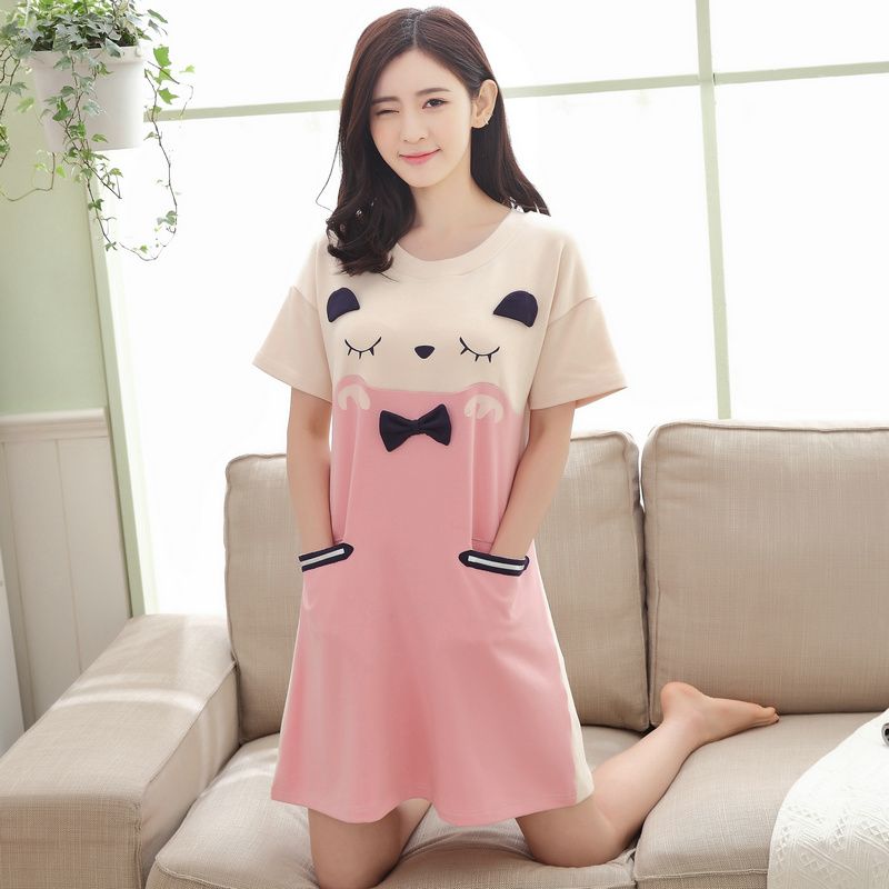 Cotton nightdress women's pajamas women's summer short-sleeved cute Korean version of the knee-length length can be worn outside home service skirt