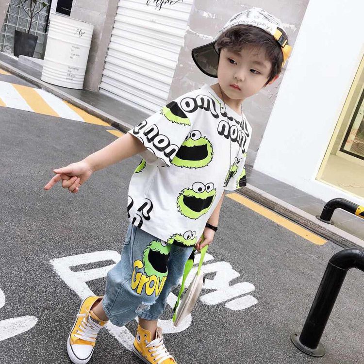 Boys' summer suit 2020 new foreign style children's Korean summer children's short sleeve denim two piece set