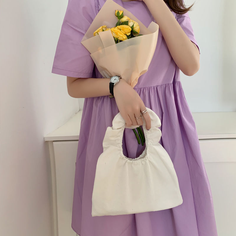 2020 spring and summer new canvas bag ins wind pleated ruffled shoulder hand bag mini dumpling bag clutch