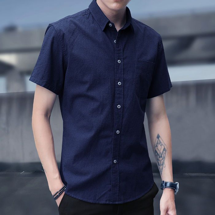 Oxford cotton shirt men's short sleeve solid color spring and summer youth leisure student self-cultivation Korean version fashion inch shirt fashion