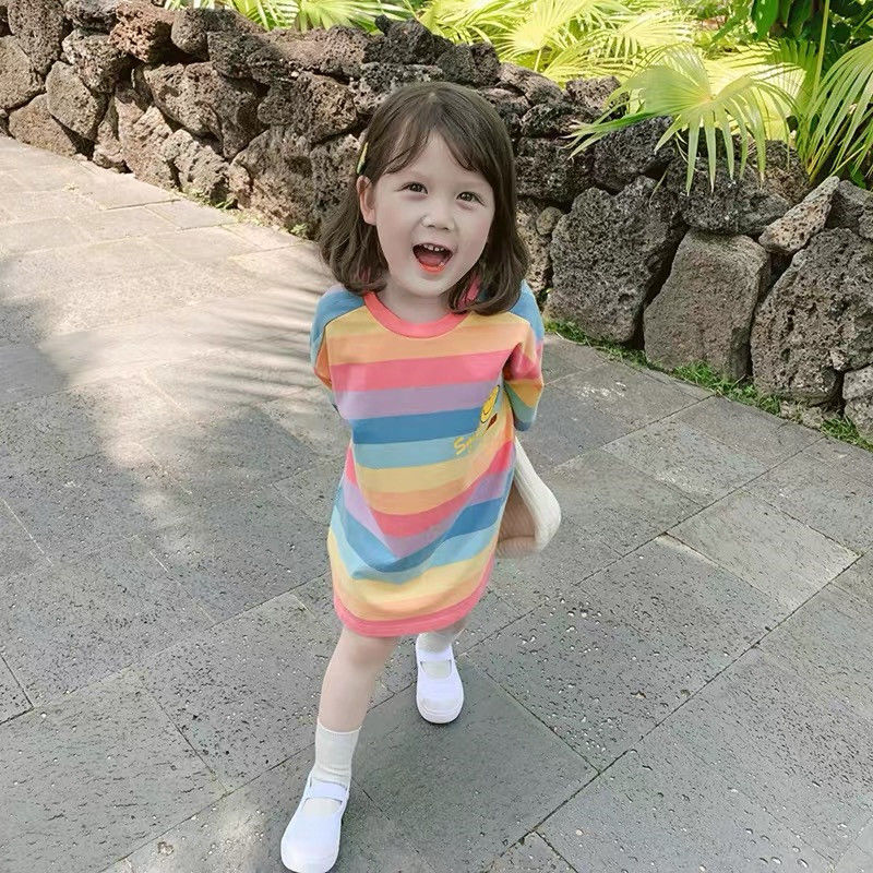 Children's pudding 2020 new girls' summer wear cotton T-shirt skirt children's foreign style rainbow Short Sleeve Dress