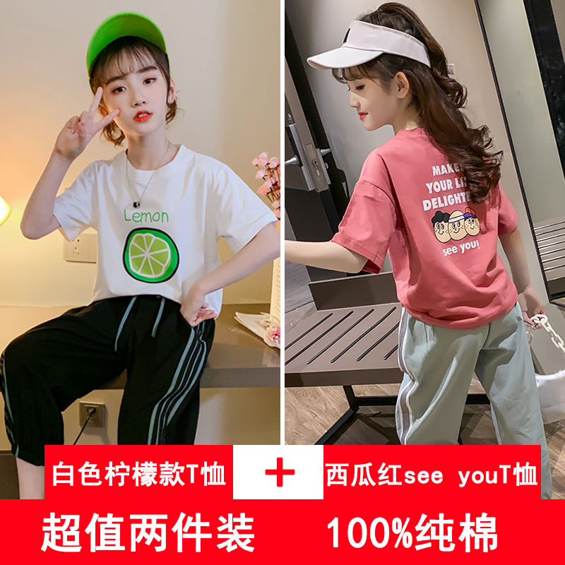 100% cotton girl short-sleeved t-shirt summer dress  new t-shirt medium and large children's half-sleeved girl tops children's clothing