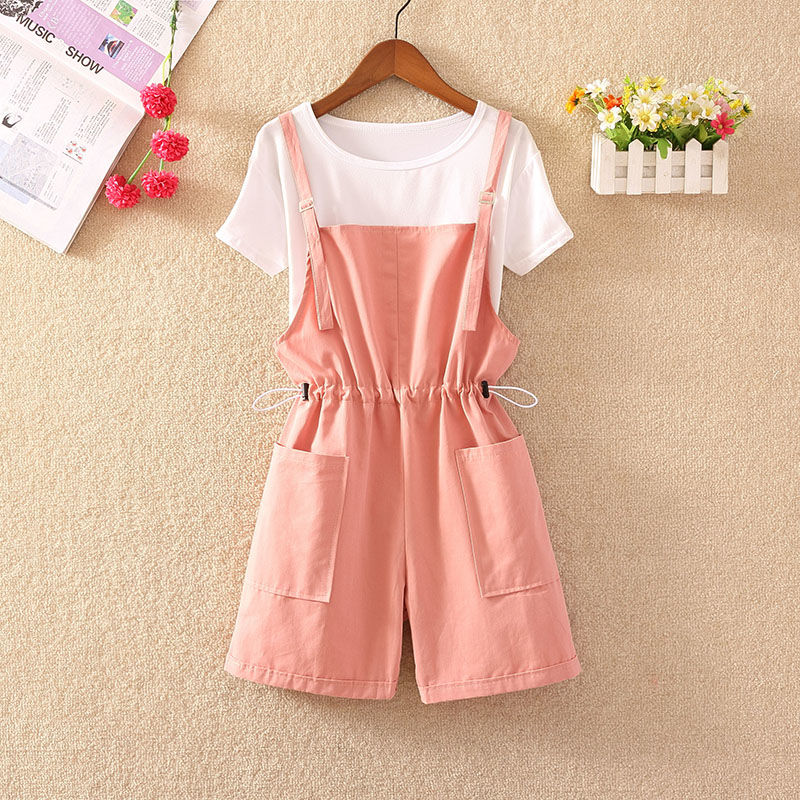 Summer new Korean version of women's school lovely Jumpsuit two piece set of foreign style aging oversize backpack Shorts Set