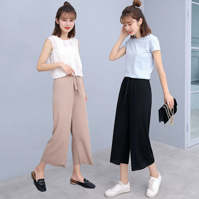 34349/冰丝阔腿裤女夏百搭高腰垂感学生宽松七分直筒裙裤薄款显瘦坠感裤