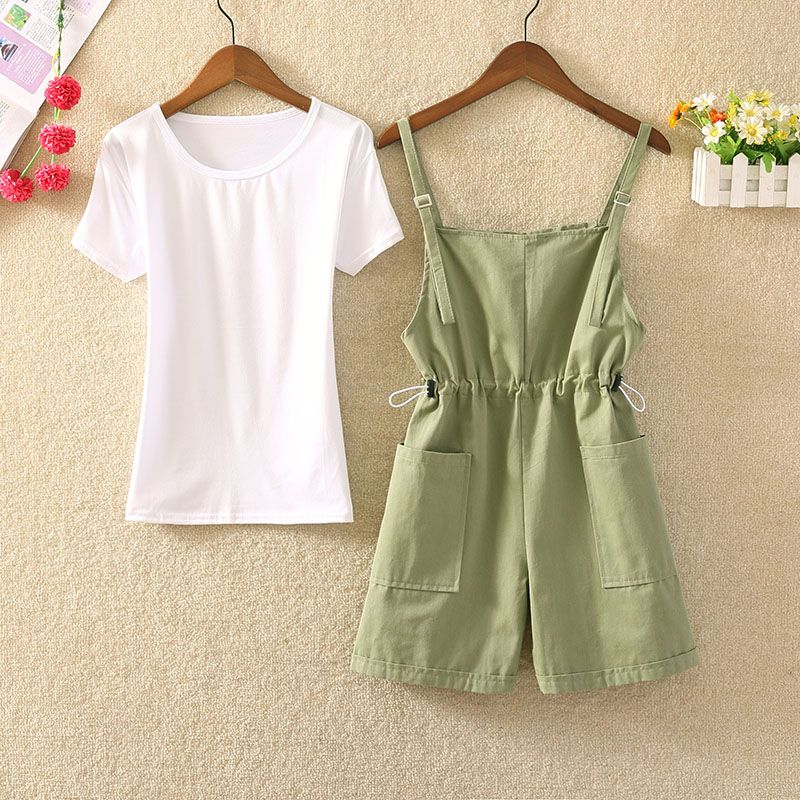 Summer new Korean version of women's school lovely Jumpsuit two piece set of foreign style aging oversize backpack Shorts Set