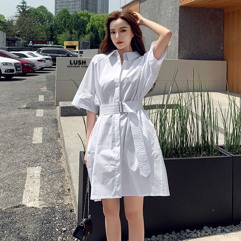 2021 summer new Korean style fashion Polo shirt dress slim waist all-match long shirt skirt women