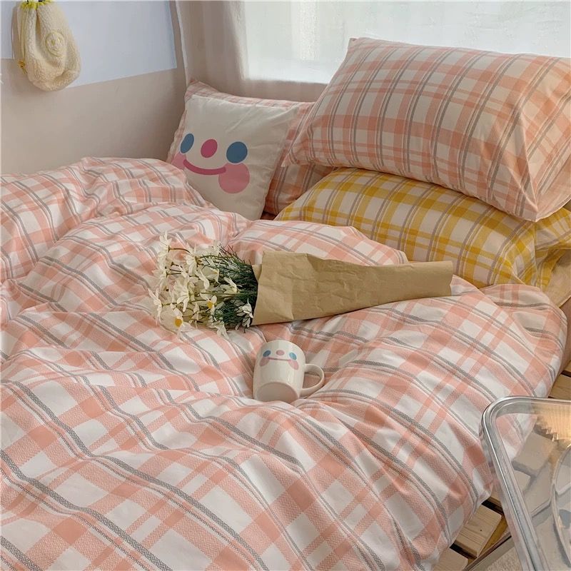 Bedding four-piece set ins wind three-piece plaid quilt cover Nordic bedding products washed cotton student sheets