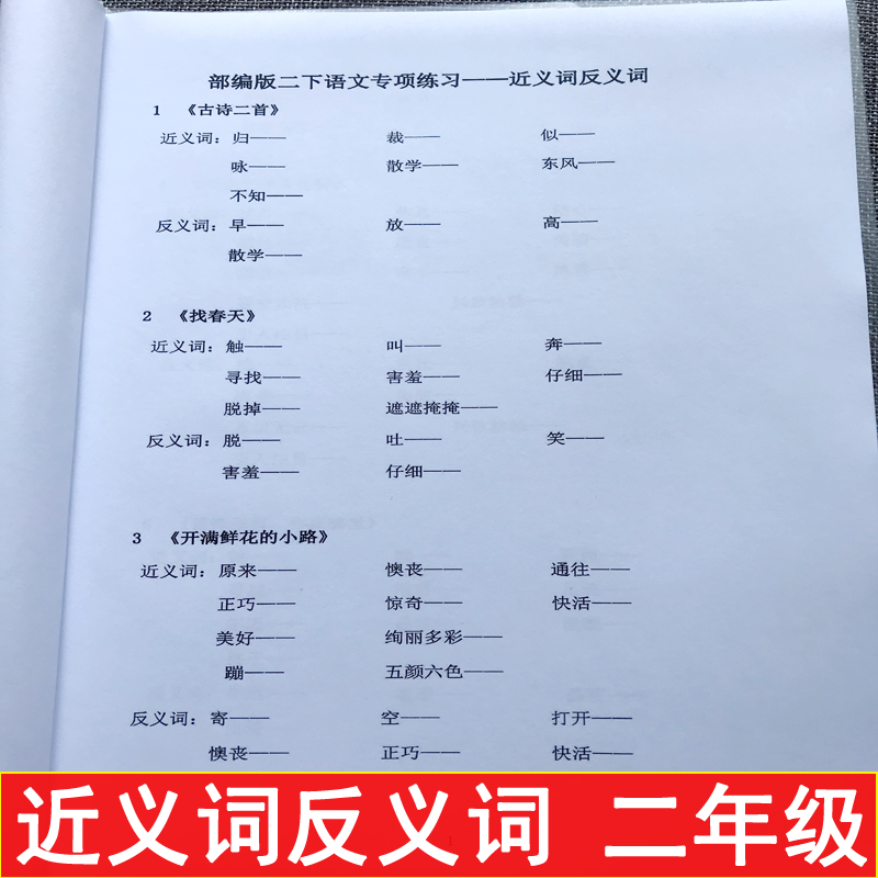 部编人教版二年级下册语文近反义词选择填空同步专项练习本