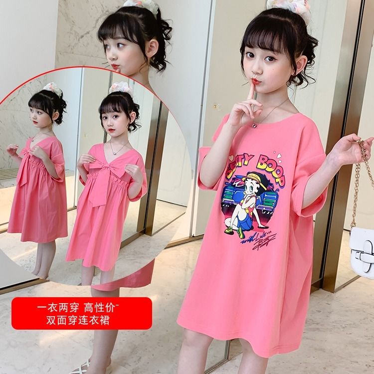 Girls dress summer dress 2020 new foreign style girls short sleeve long T-shirt skirt Korean summer children's skirt