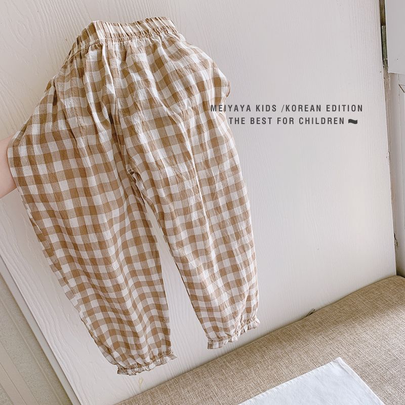 2020 new fashion children's wear boys and girls' nine point pants spring and summer mosquito proof pants cotton linen Plaid baby pants