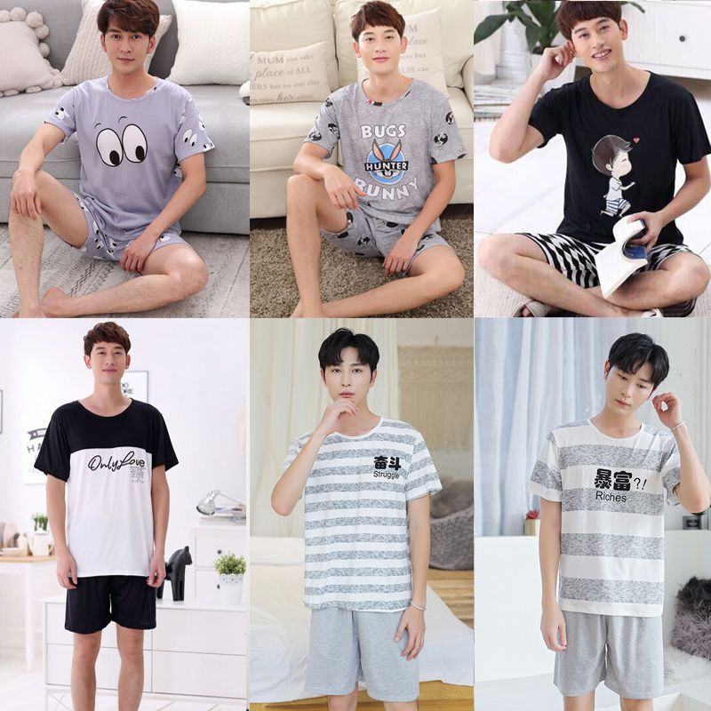 Men's pajamas summer short sleeve shorts cartoon youth men's summer casual thin home clothes student suit