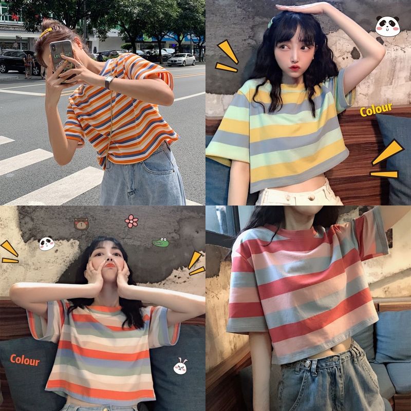 Short sleeve girl student Korean loose 2021 new summer Rainbow Stripe short T-shirt women's half sleeve top fashion