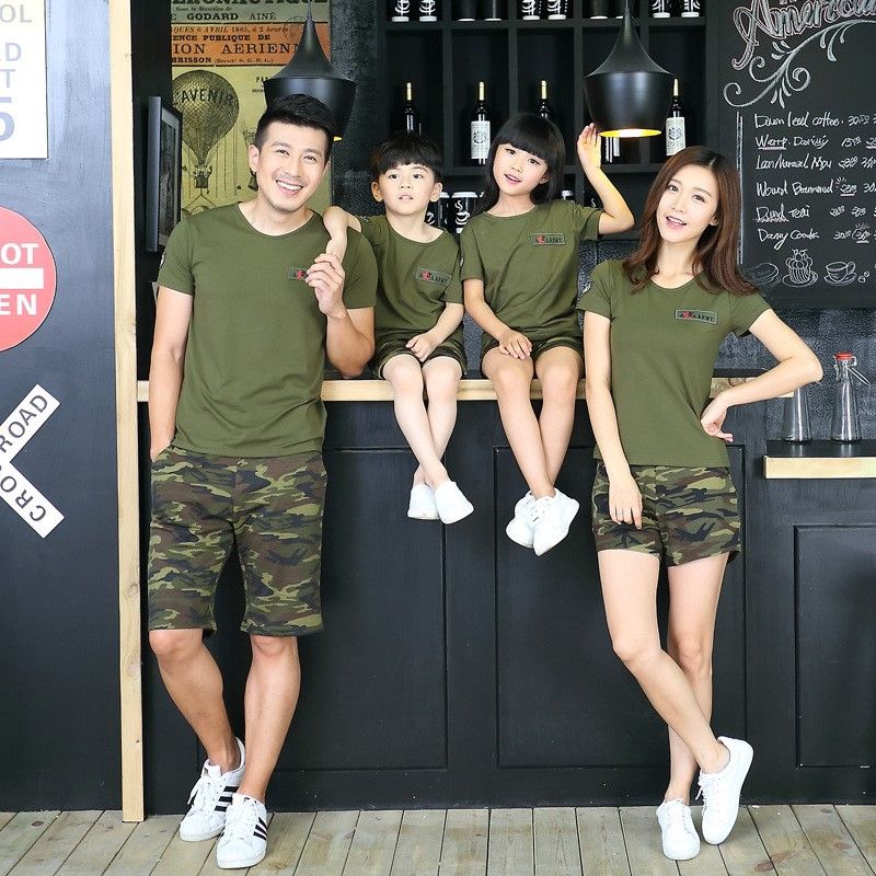 Xia wanghong parent child men's camouflage suit short sleeve sports suit casual couple's big size T-shirt two piece set
