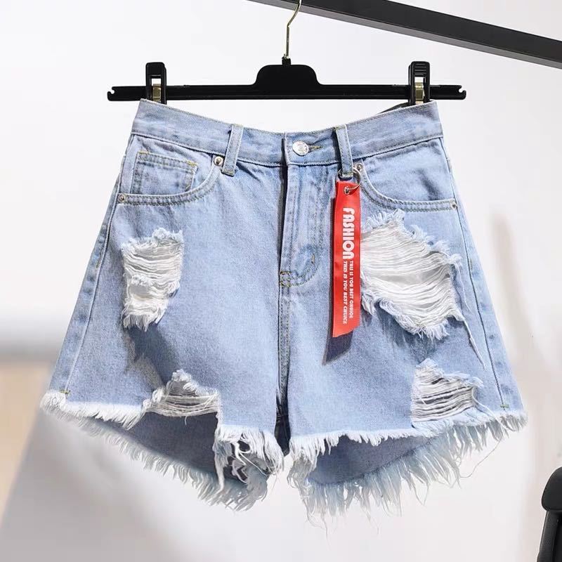 High waisted denim shorts women's summer loose Korean new student's slim hole shorts women's versatile hot pants