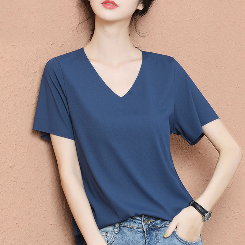 New ice silk short sleeve T-shirt spring and summer solid women 2020 thin fashion V-neck T-shirt Korean white loose top