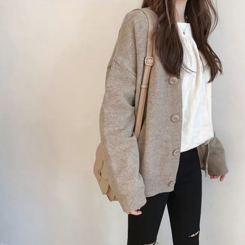 Net red lazy wind sweater cardigan female student Korean loose college style sweater coat V-neck shawl