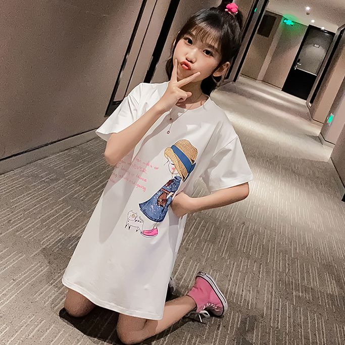 Children's summer clothes girls short-sleeved t-shirt skirt loose big children's new Korean style girl foreign style mid-length top
