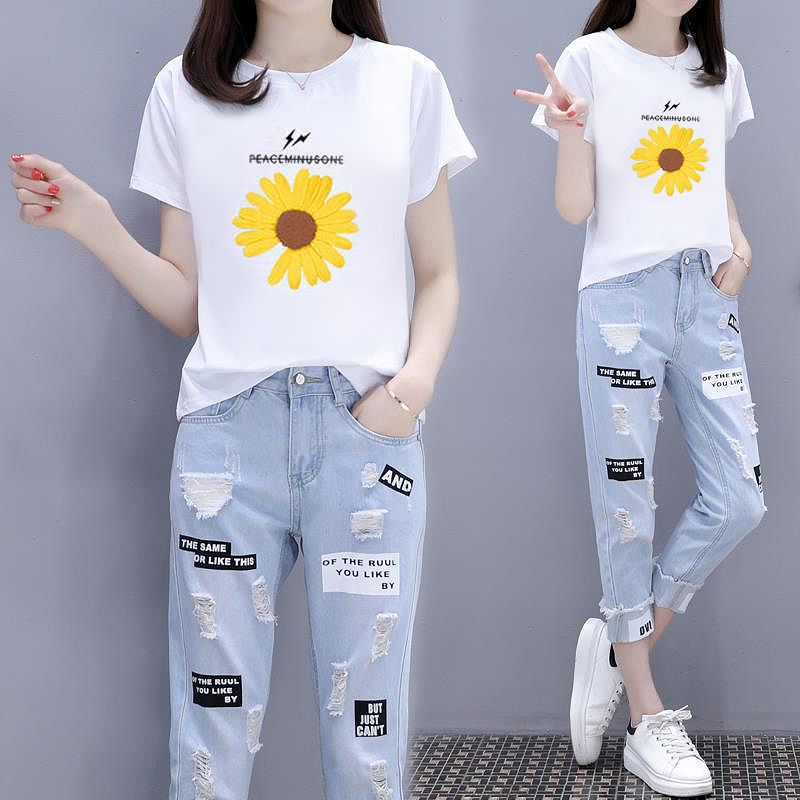 单件/套装 夏装2020新款短袖T恤+破洞九分牛仔裤两件套女学生韩版
