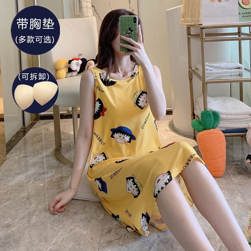 Armless nightdress with breast pad for female summer Tianhan cute cartoon student loose collar vest home wear