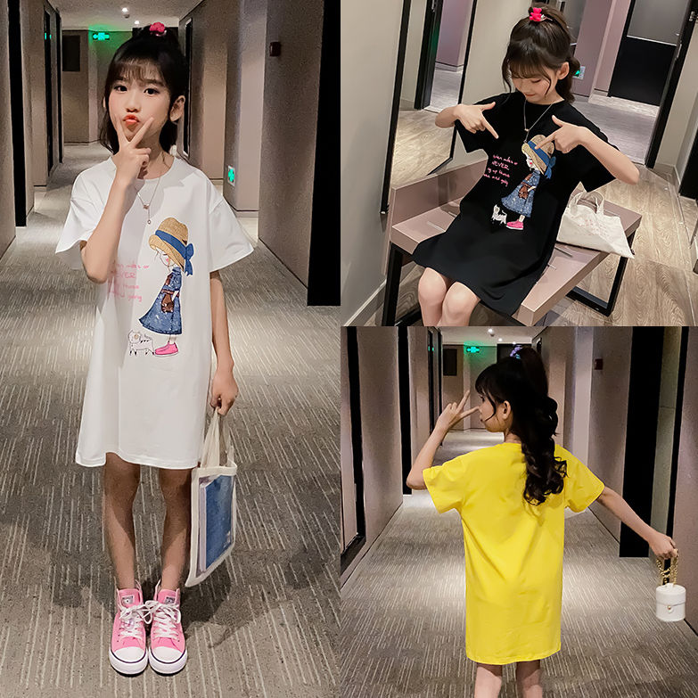 Children's summer clothes girls short-sleeved t-shirt skirt loose big children's new Korean style girl foreign style mid-length top