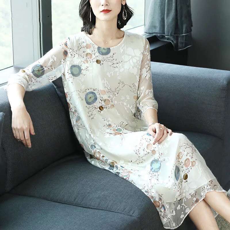 白色仿真絲提花連衣裙女2023夏季新款氣質寬鬆仿桑蠶絲中長裙子