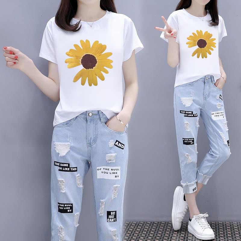单件/套装 夏装2020新款短袖T恤+破洞九分牛仔裤两件套女学生韩版