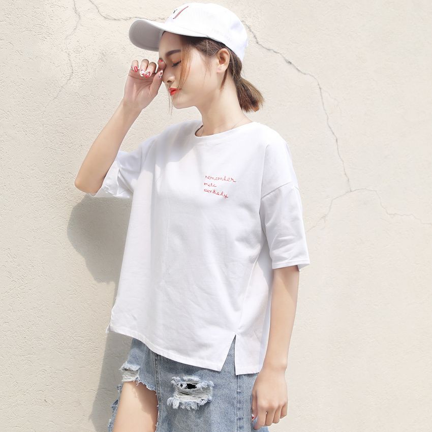 2023 summer new Korean style women's student tops round neck loose short-sleeved letter T-shirt women's simple bottoming shirt