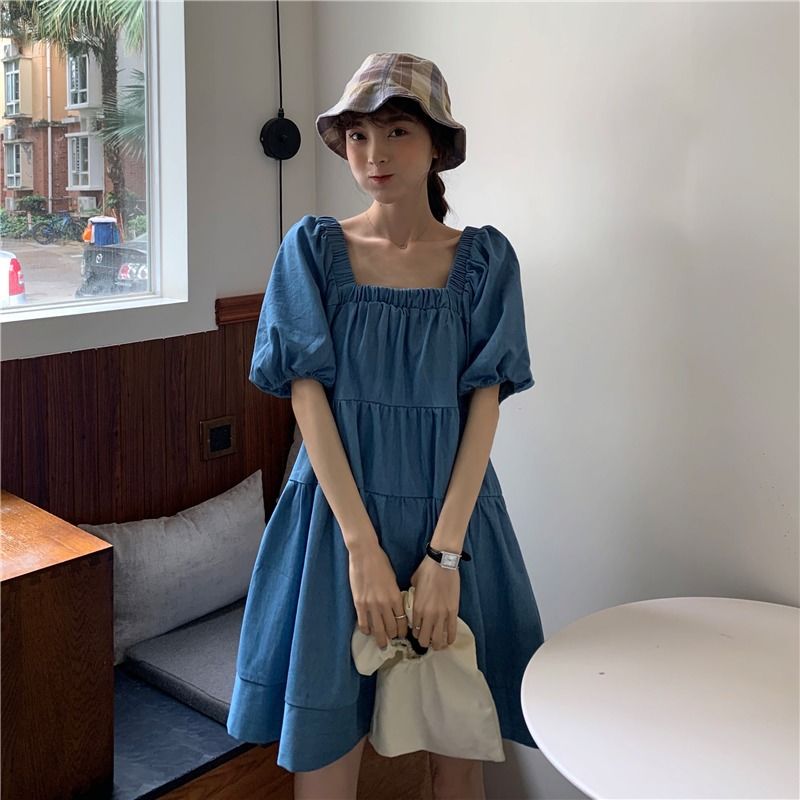 2020 new French style small and loose student doll skirt square neck bubble sleeve blue denim dress female summer