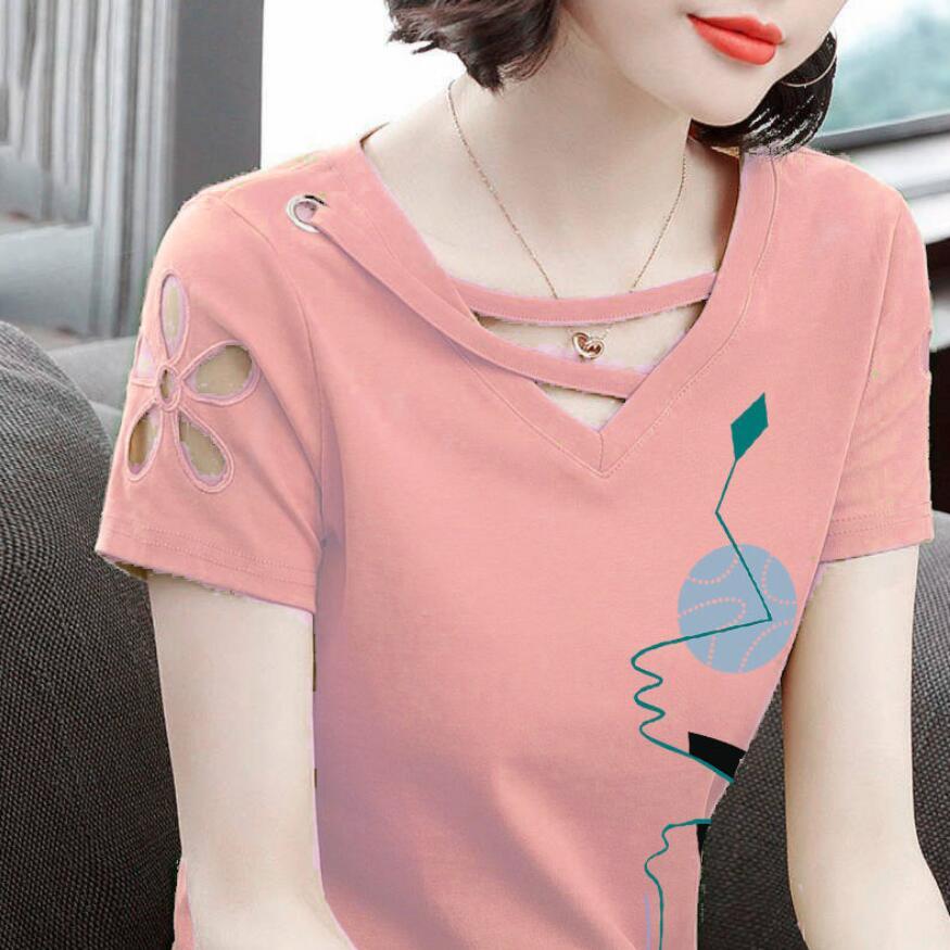 Cotton short sleeve T-shirt women's solid color hollow V-neck top 2020 new Korean version large size