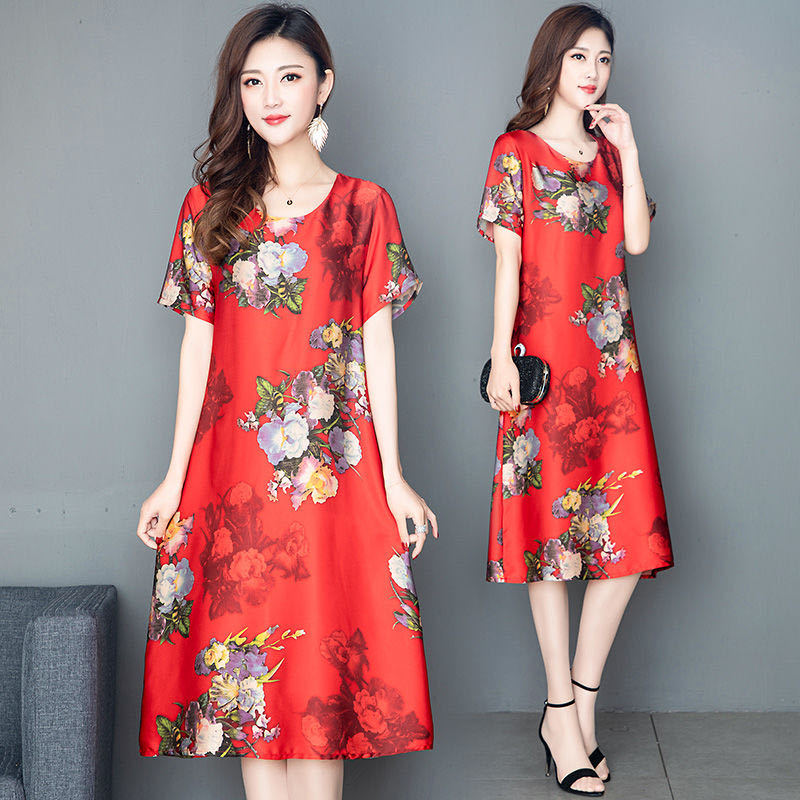 Four color ice silk round neck spring summer new short sleeve fashion printing mid long mom dress fashion