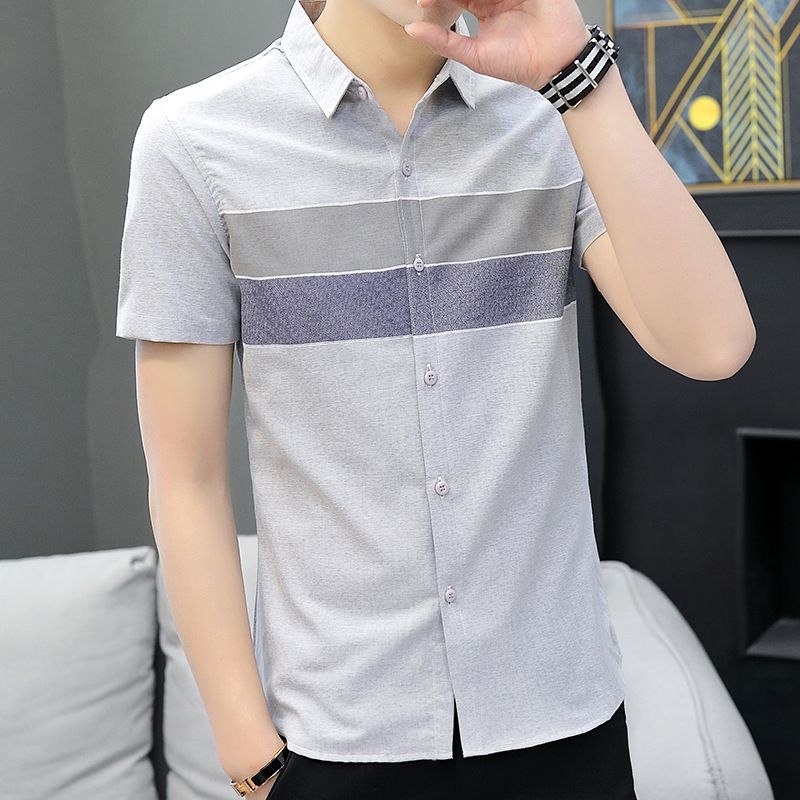 2022 summer new ice silk short-sleeved shirt men's vertical stripes business slim-fit printing clothes trend shirt