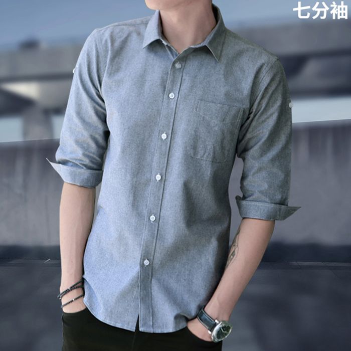 短袖衬衫男士夏季修身纯色青年寸衫半截半袖薄款修身韩版潮流衬衣