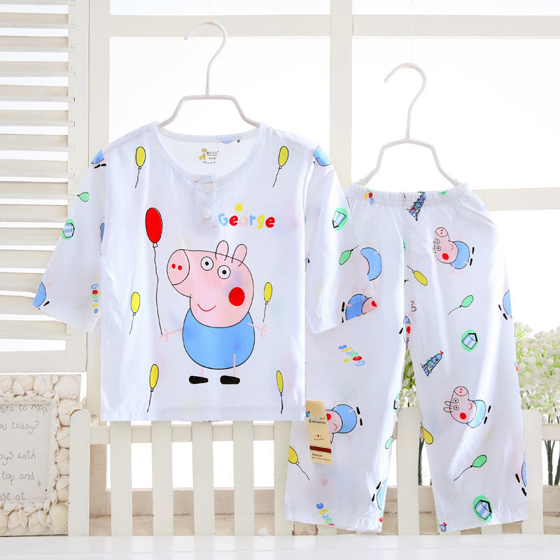 Summer baby cotton pajamas boys and girls cotton silk set baby clothes small children's home clothes