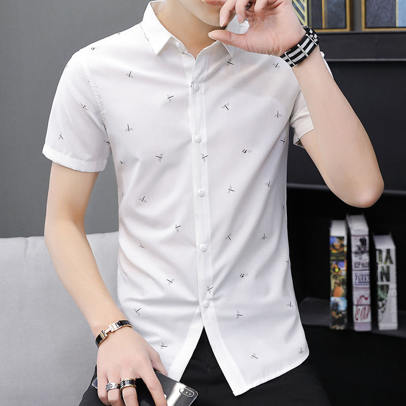 2022 summer new ice silk short-sleeved shirt men's vertical stripes business slim-fit printing clothes trend shirt