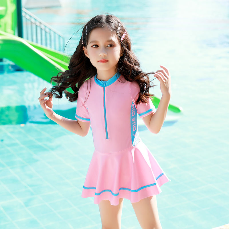 儿童泳衣女童长袖防晒连体女孩中大童韩国公主连体可爱洋气游泳衣